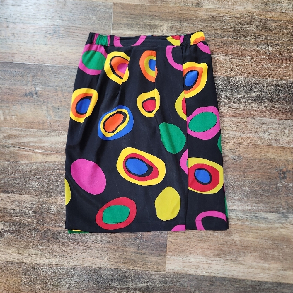 GO SILK MULTICOLORED MAGIC CIRCLE FAUX WRAP PULL UP 100% SILK SKIRT SIZE 2